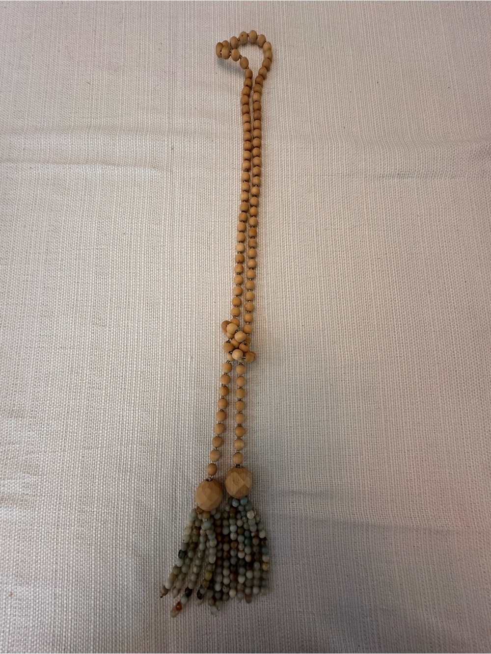 Wood Bead Tassel Necklace - Beige and Multi-Bead Accent